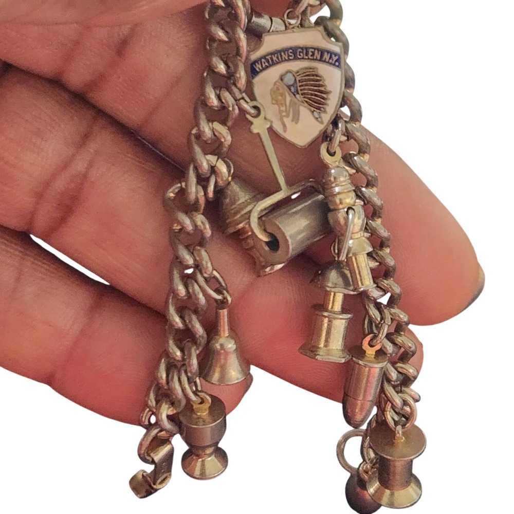Vintage 1950s Enco Silver Tone Charm Bracelet Watkins‎ Glen NY Souvenir 7 Inch